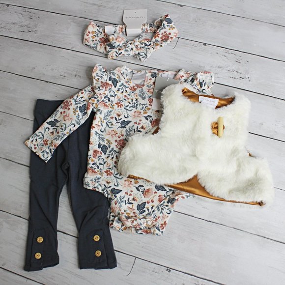Tahari Baby Girl's Bodysuit Top Faux Fur Vest Pants Headband Set - Picture 1 of 7